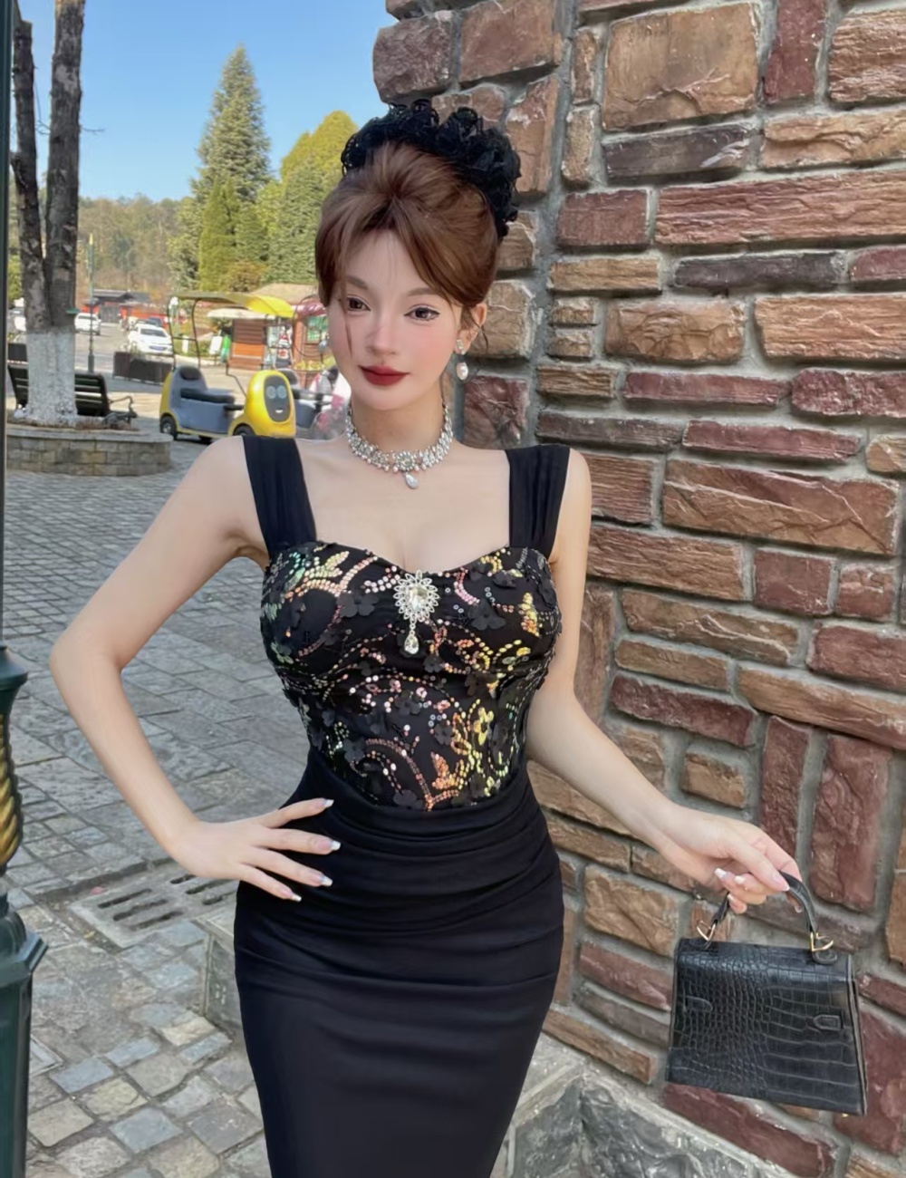 Sling temperament retro formal dress ladies lace dress