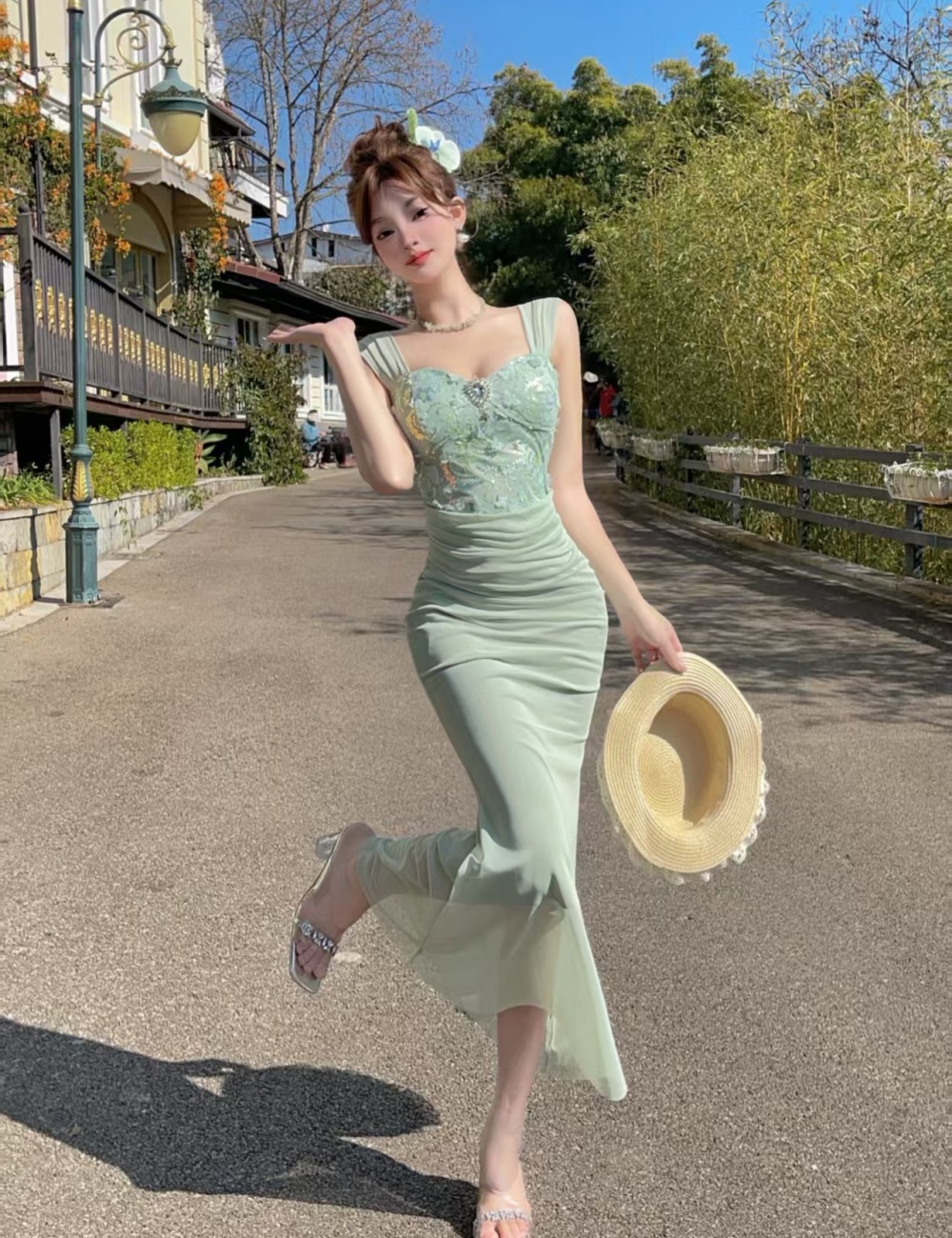 Sling temperament retro formal dress ladies lace dress