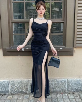 Splice gauze long flowers high split sling dress