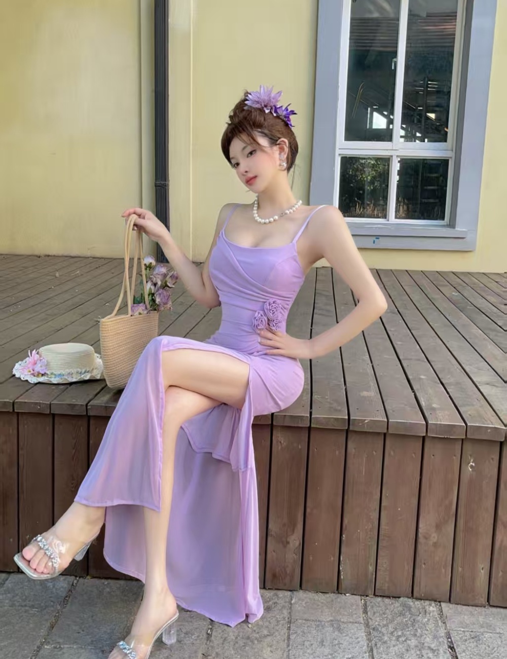 Splice gauze long flowers high split sling dress