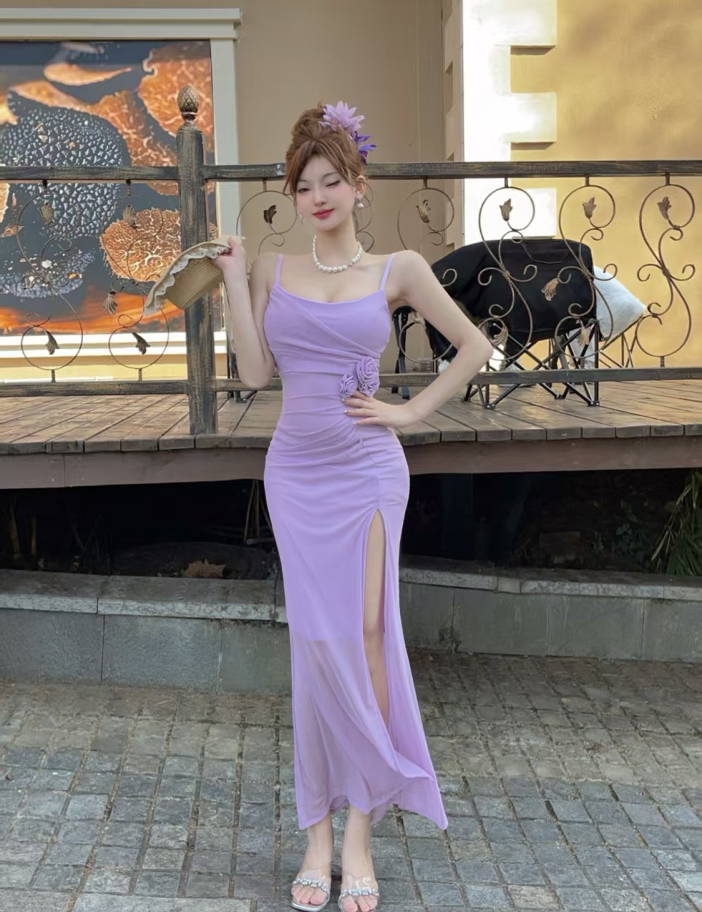 Splice gauze long flowers high split sling dress