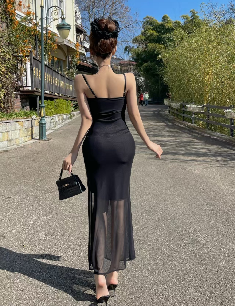 Splice gauze long flowers high split sling dress