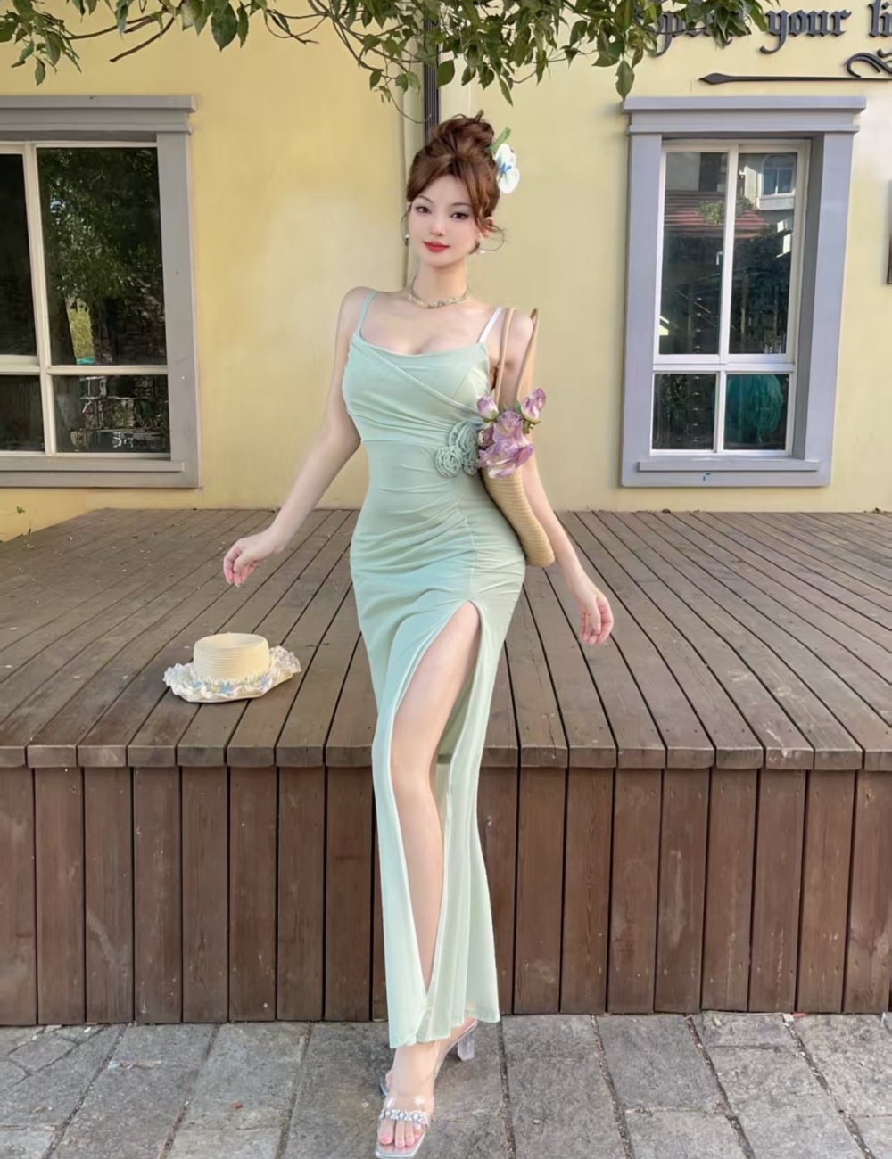 Splice gauze long flowers high split sling dress