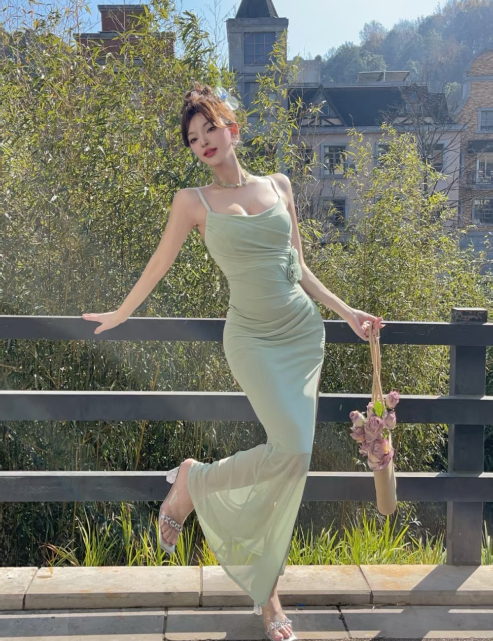 Splice gauze long flowers high split sling dress