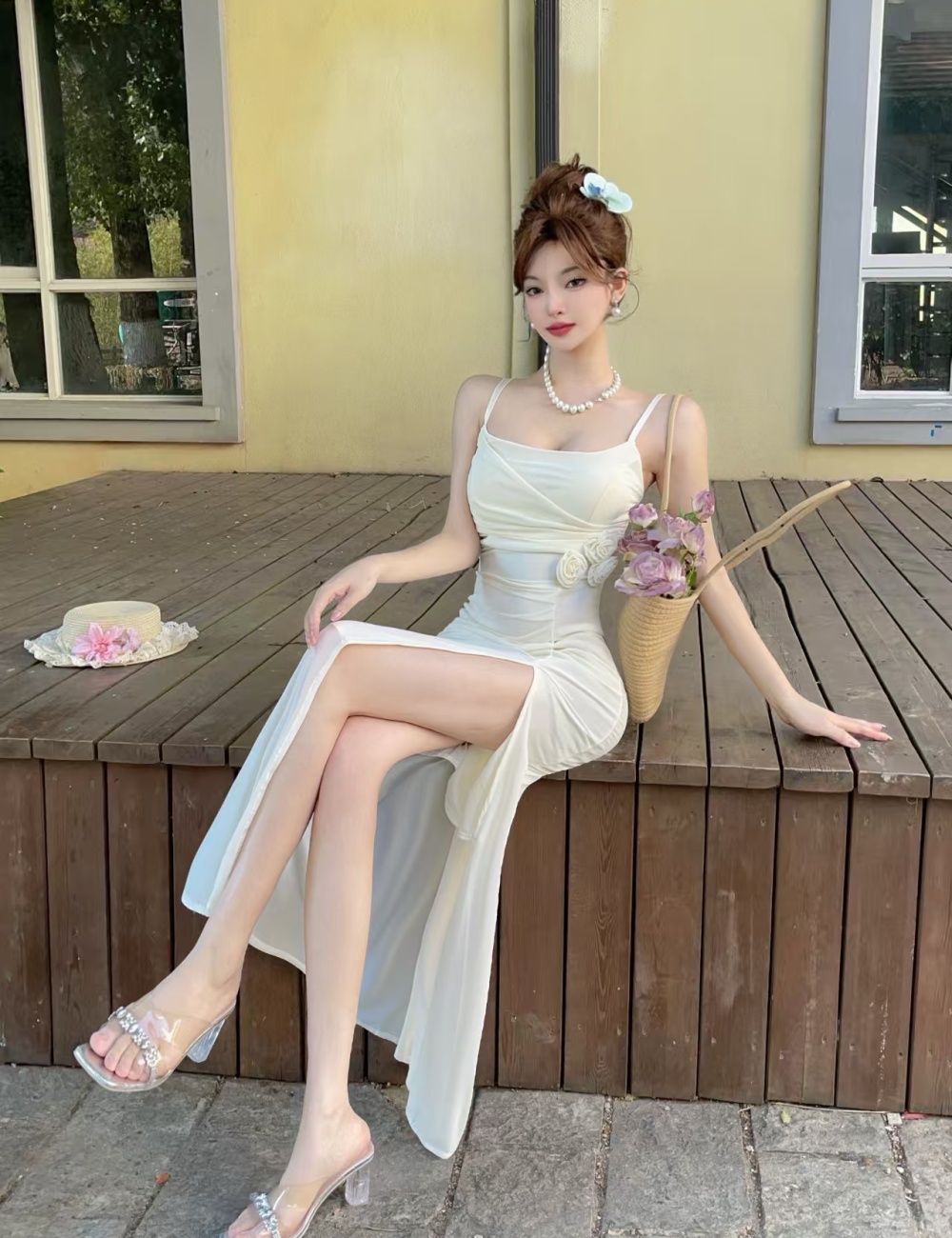 Splice gauze long flowers high split sling dress