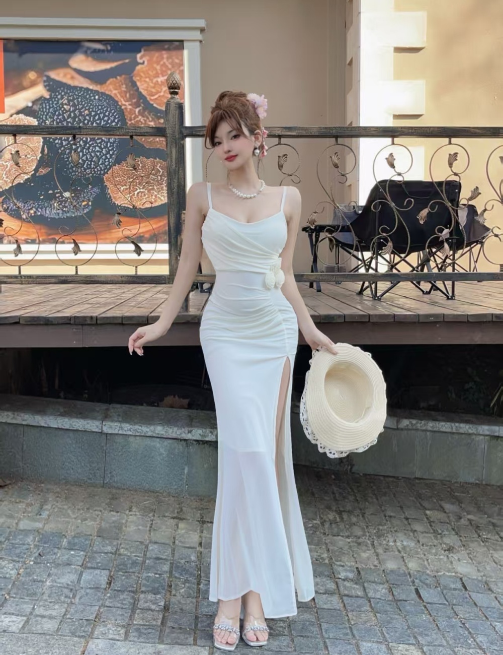 Splice gauze long flowers high split sling dress