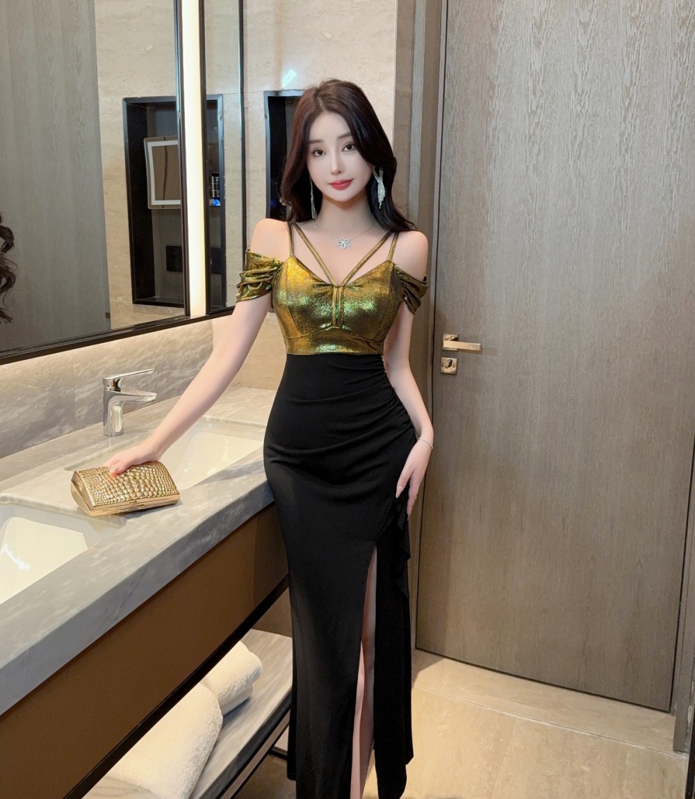 Low-cut metal sling dress long mixed colors formal dress