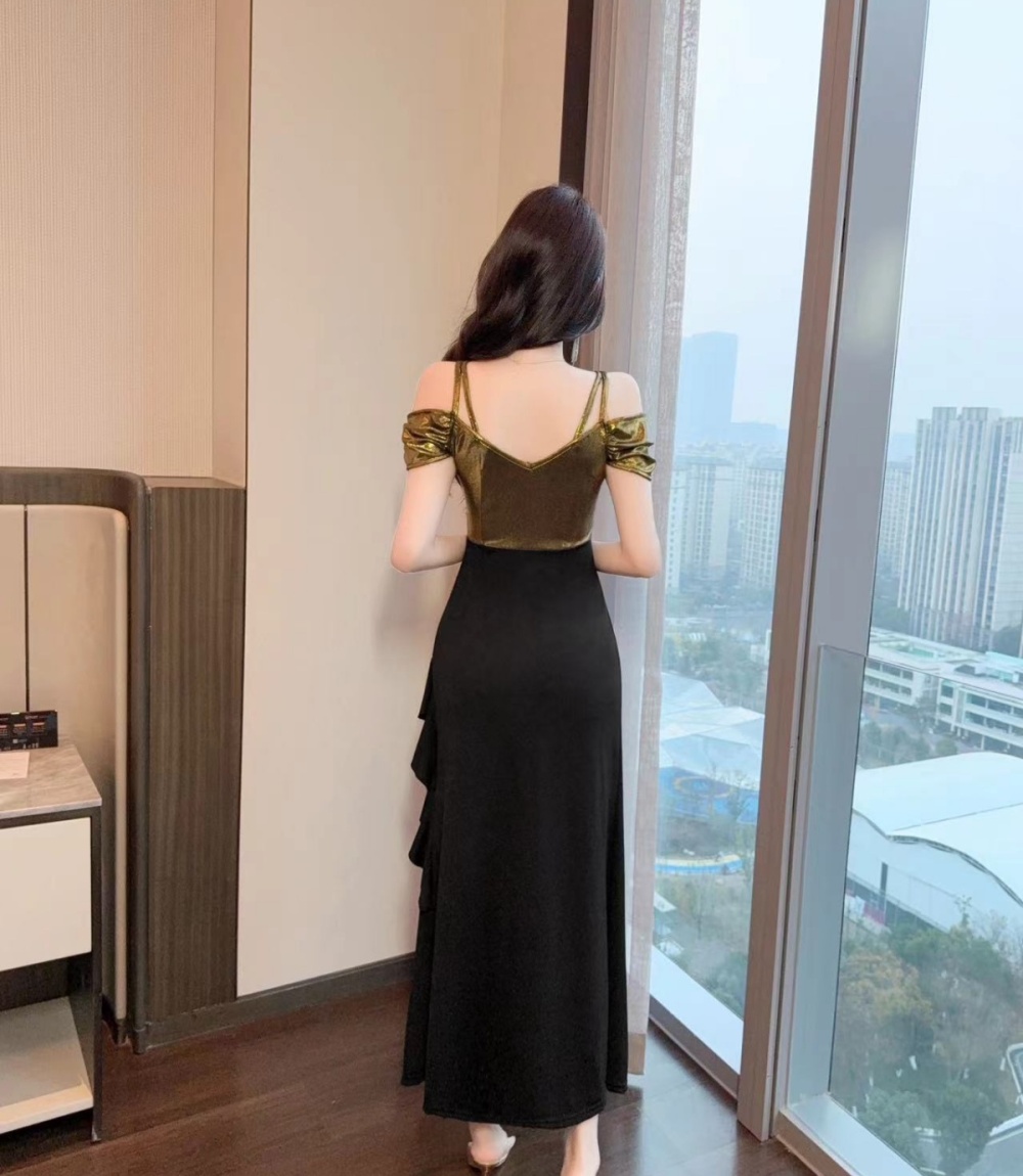 Low-cut metal sling dress long mixed colors formal dress