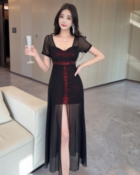 Gauze package hip short sleeve sexy irregular dress