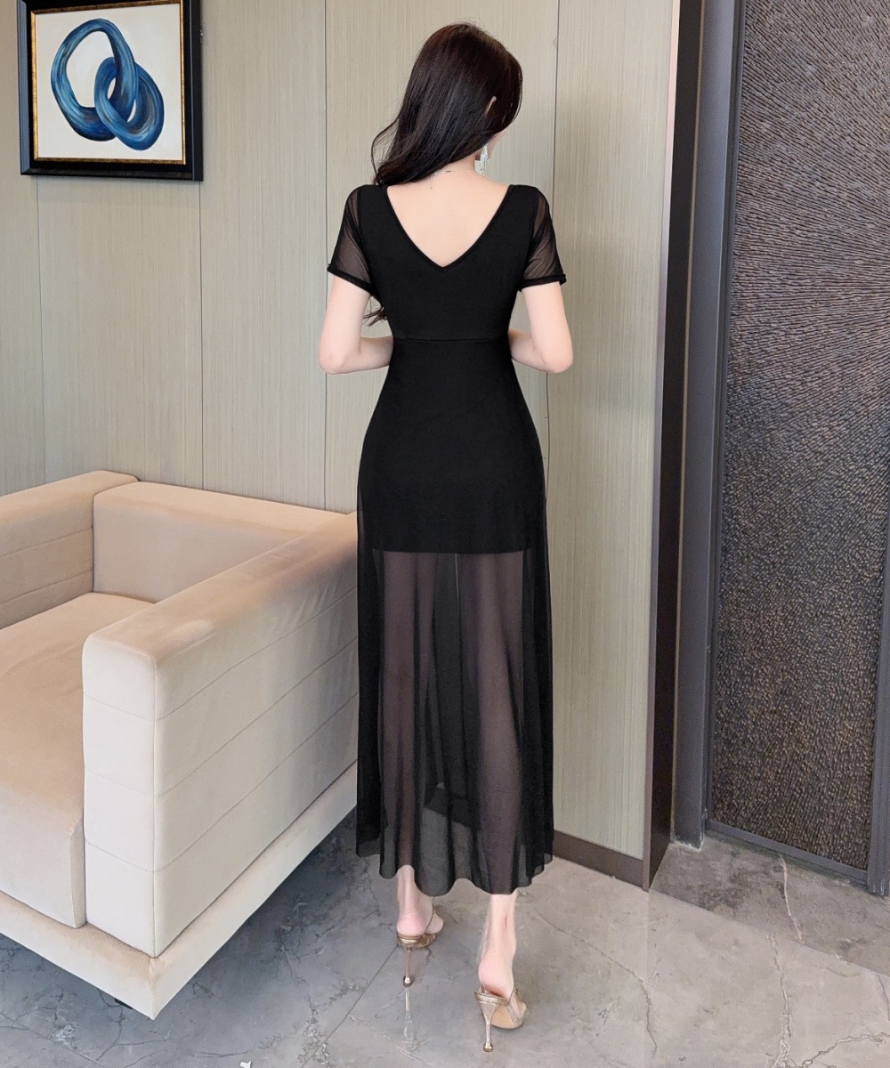 Gauze package hip short sleeve sexy irregular dress