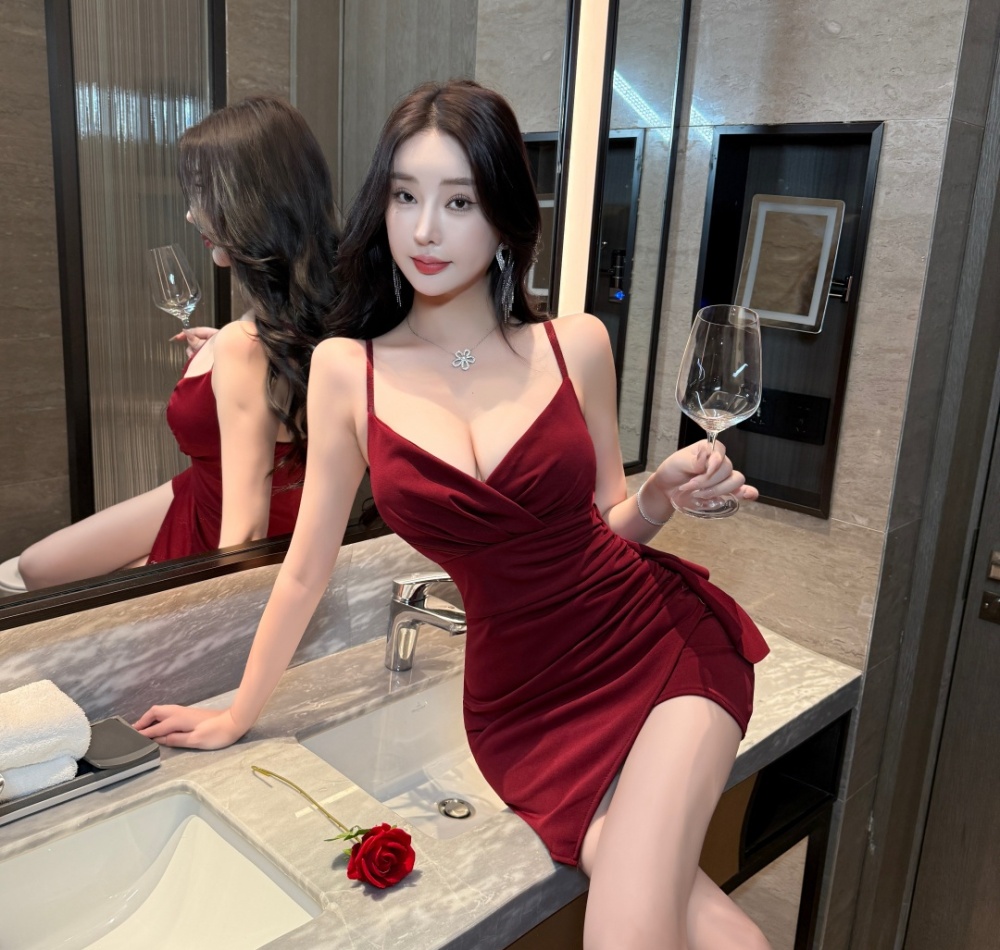 Lotus leaf edges sling package hip short dress