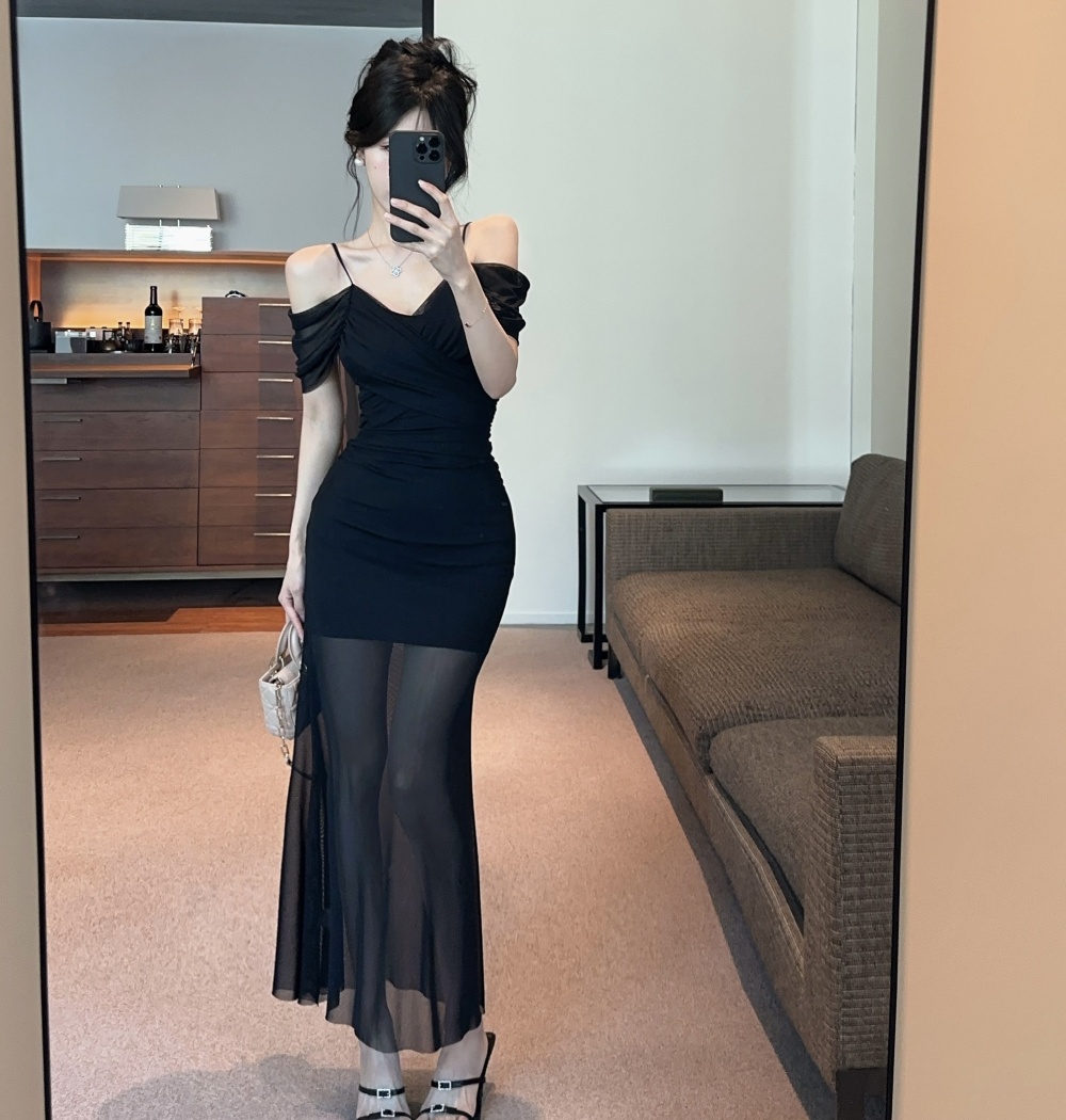 Sexy pinched waist long dress package hip gauze dress