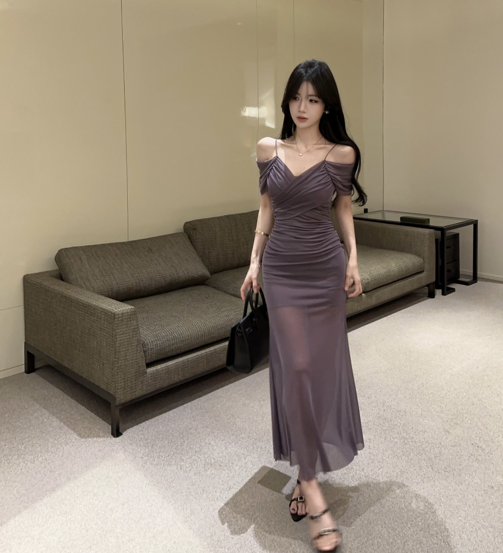 Sexy pinched waist long dress package hip gauze dress