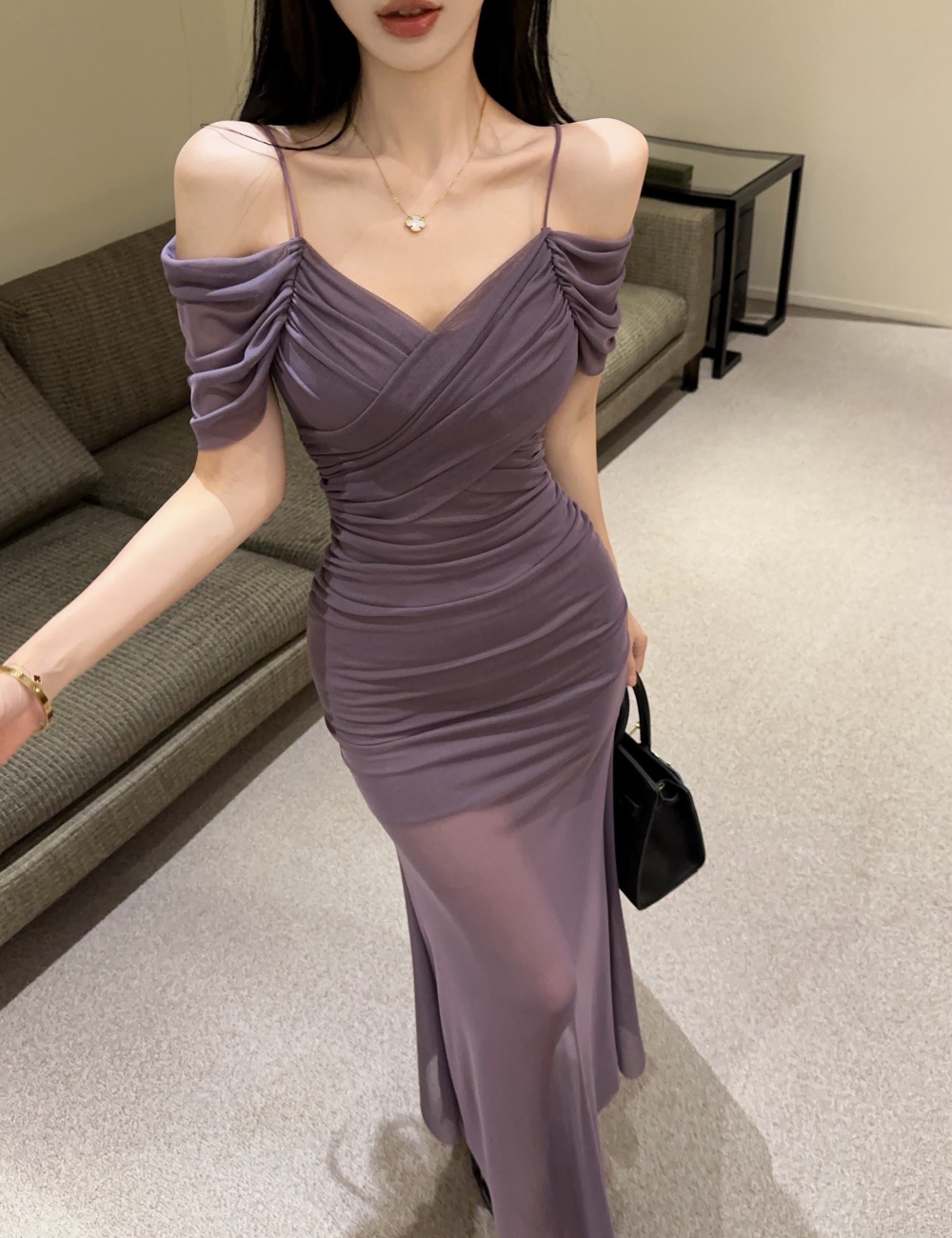 Sexy pinched waist long dress package hip gauze dress