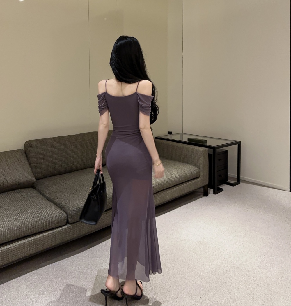 Sexy pinched waist long dress package hip gauze dress