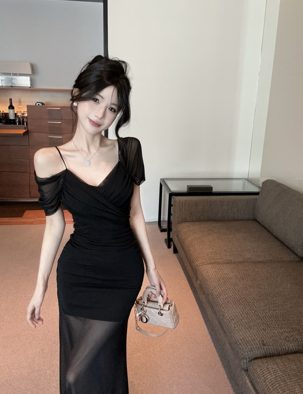 Sexy pinched waist long dress package hip gauze dress