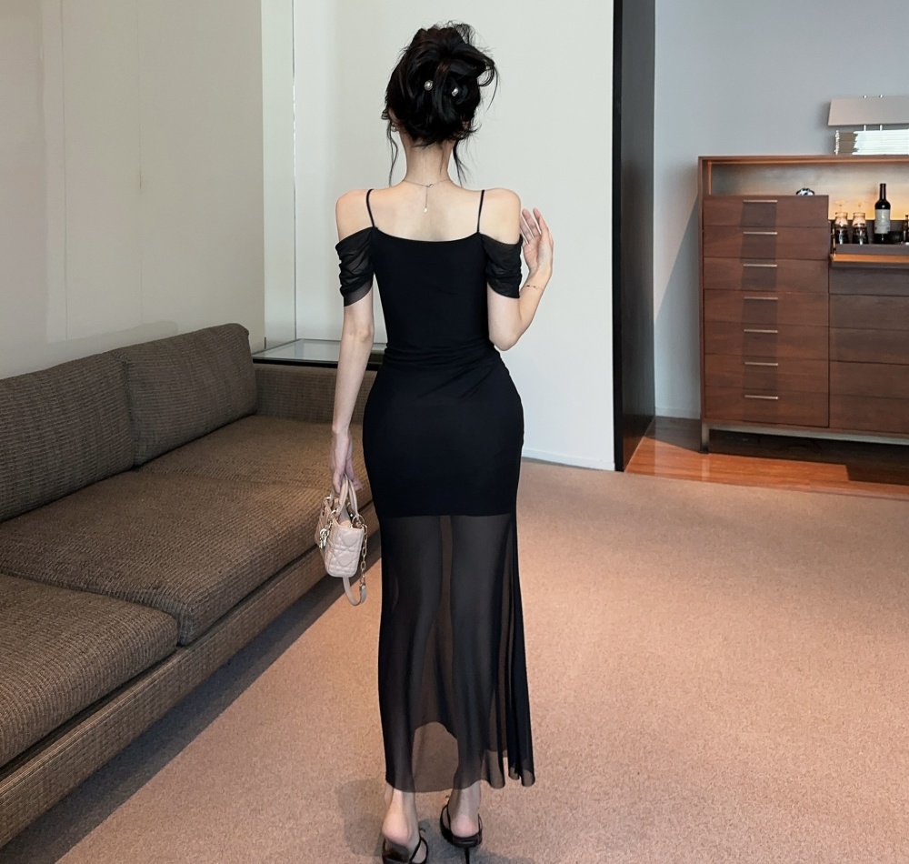 Sexy pinched waist long dress package hip gauze dress