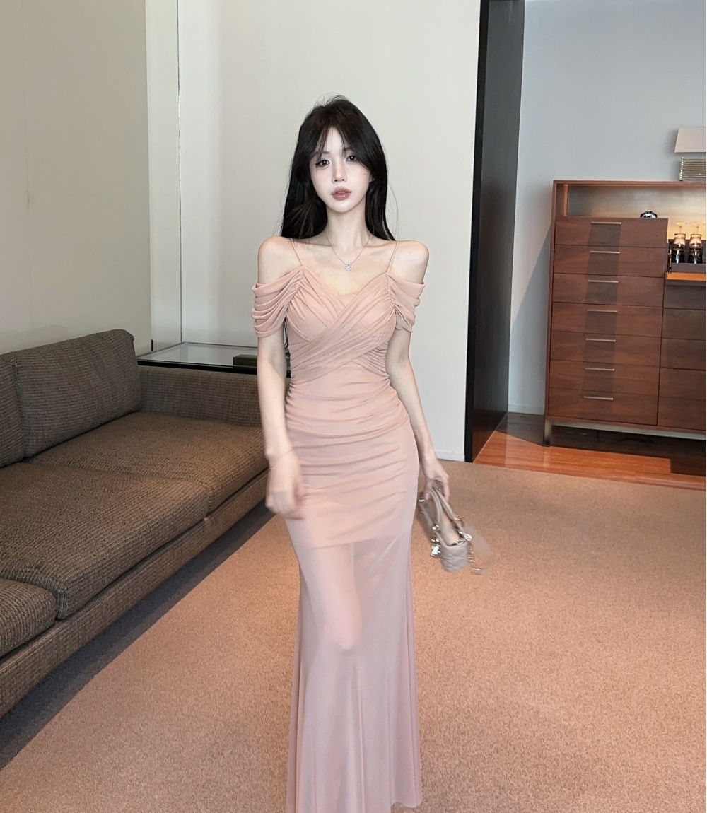 Sexy pinched waist long dress package hip gauze dress