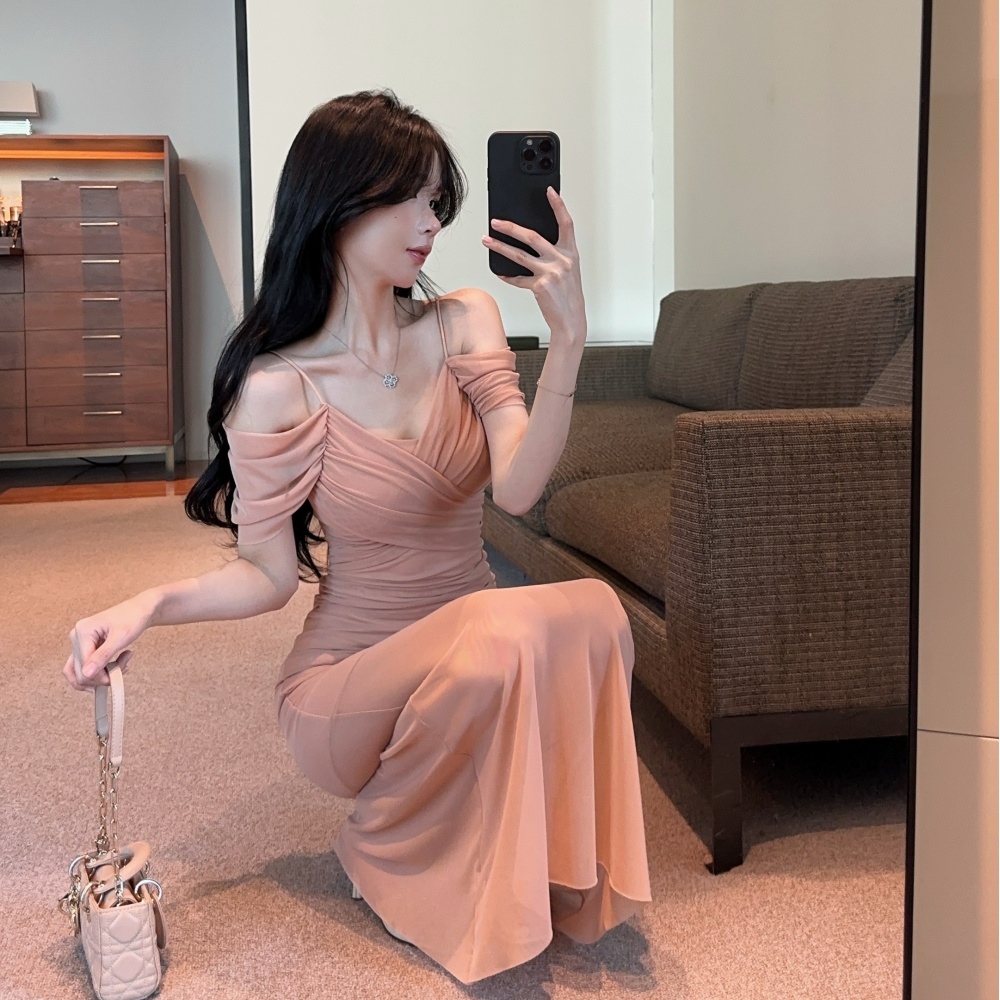 Sexy pinched waist long dress package hip gauze dress