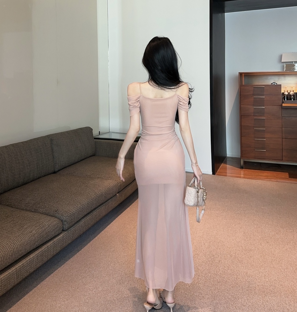 Sexy pinched waist long dress package hip gauze dress