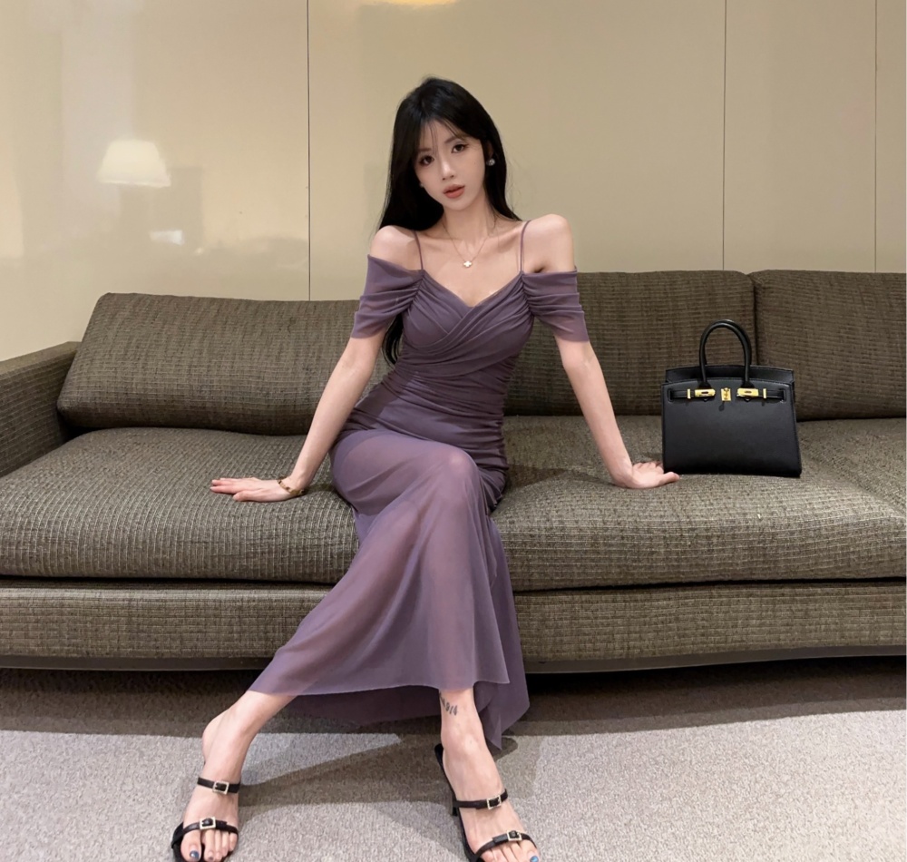 Sexy pinched waist long dress package hip gauze dress