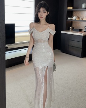 Low-cut strapless sling bottoming slit long dress