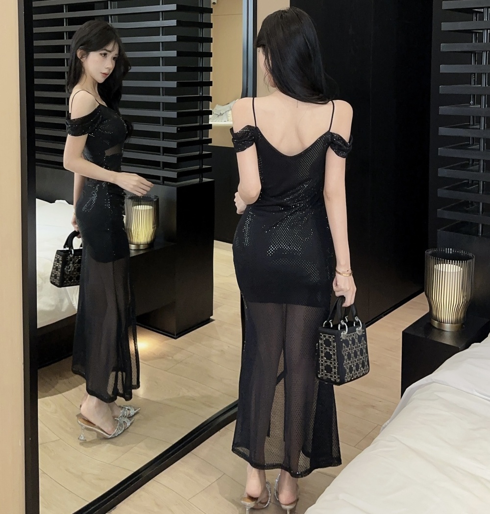 Low-cut strapless sling bottoming slit long dress