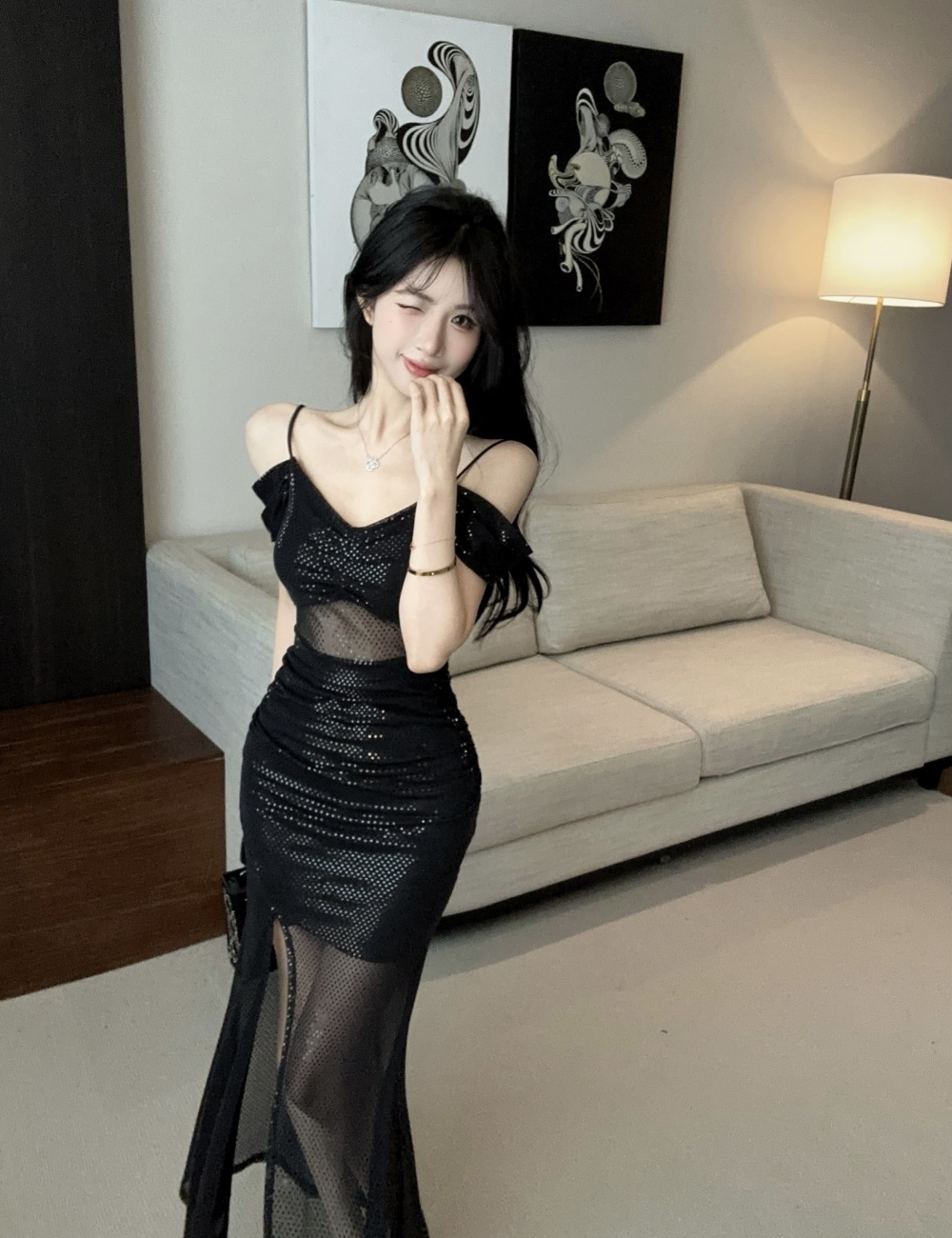 Low-cut strapless sling bottoming slit long dress