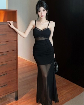 Flowers slim long sleeve pinched waist gauze fold lace dress