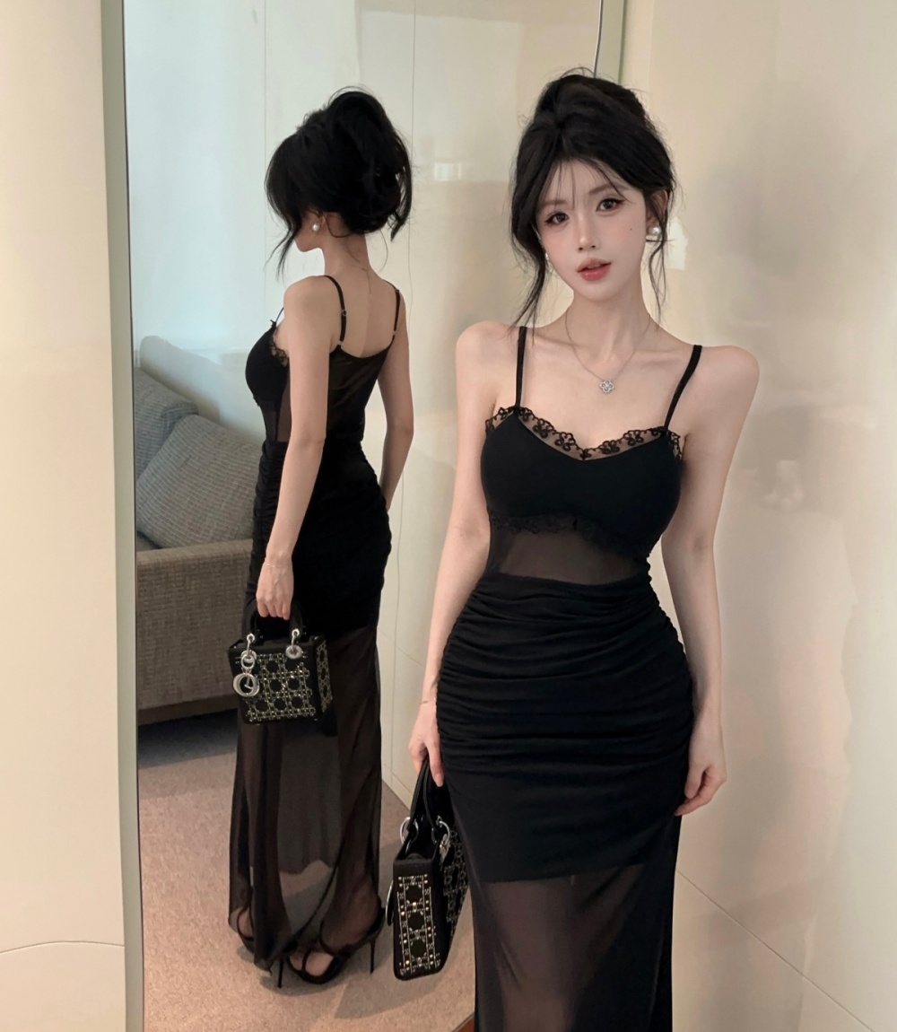 Flowers slim long sleeve pinched waist gauze fold lace dress