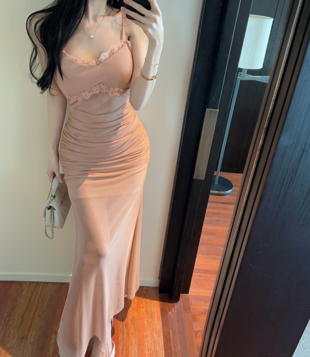 Flowers slim long sleeve pinched waist gauze fold lace dress