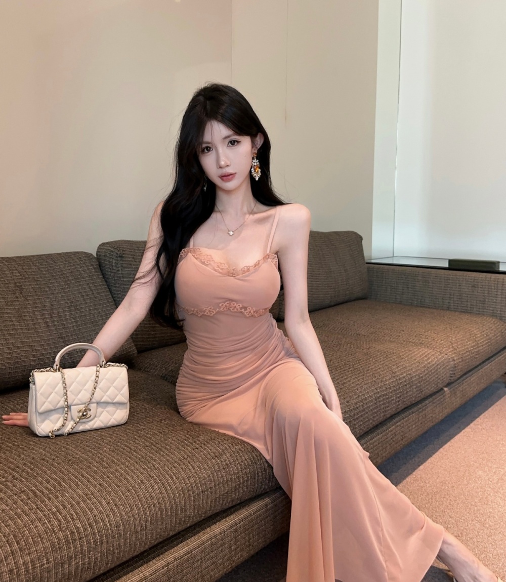 Flowers slim long sleeve pinched waist gauze fold lace dress