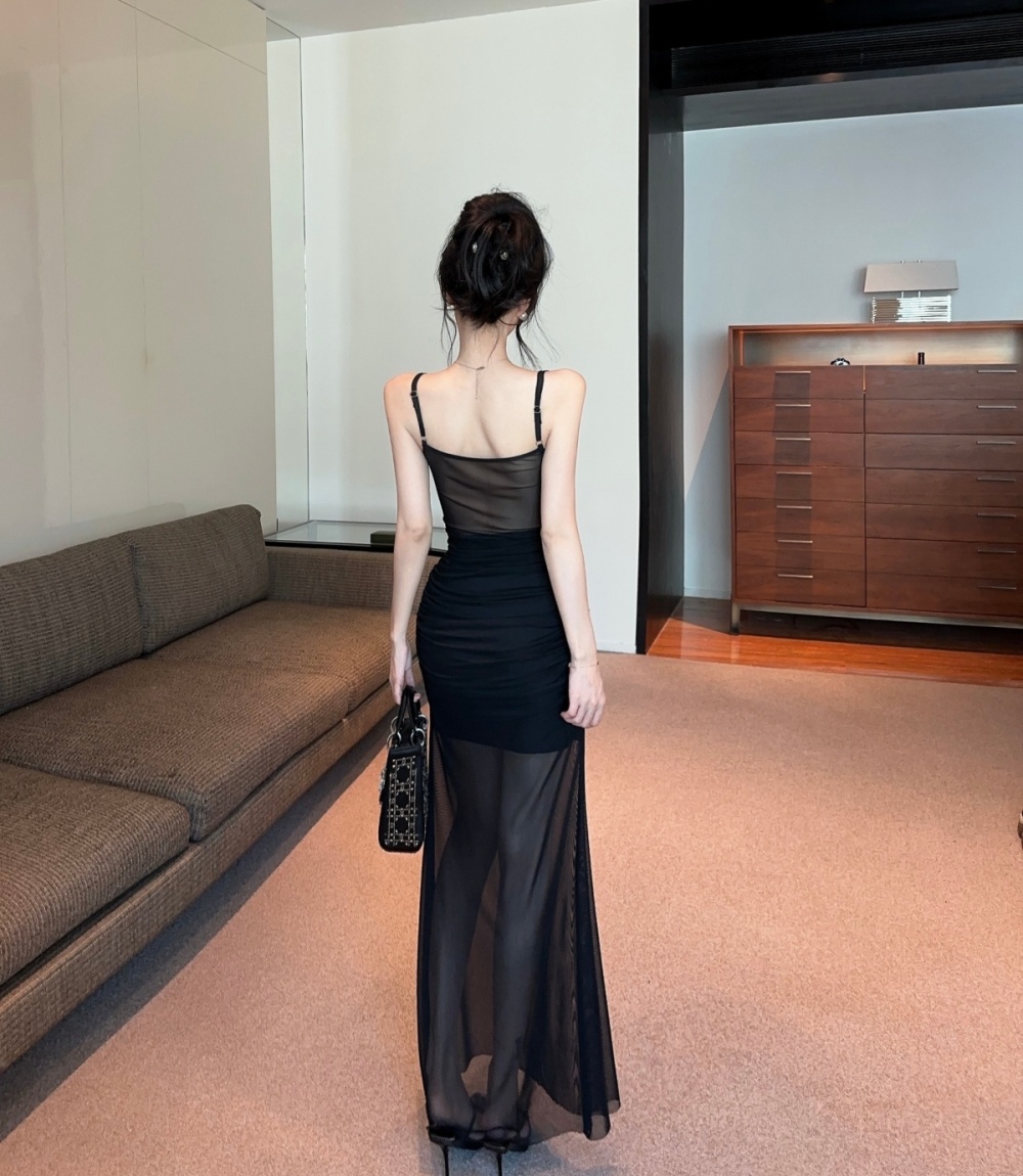 Flowers slim long sleeve pinched waist gauze fold lace dress