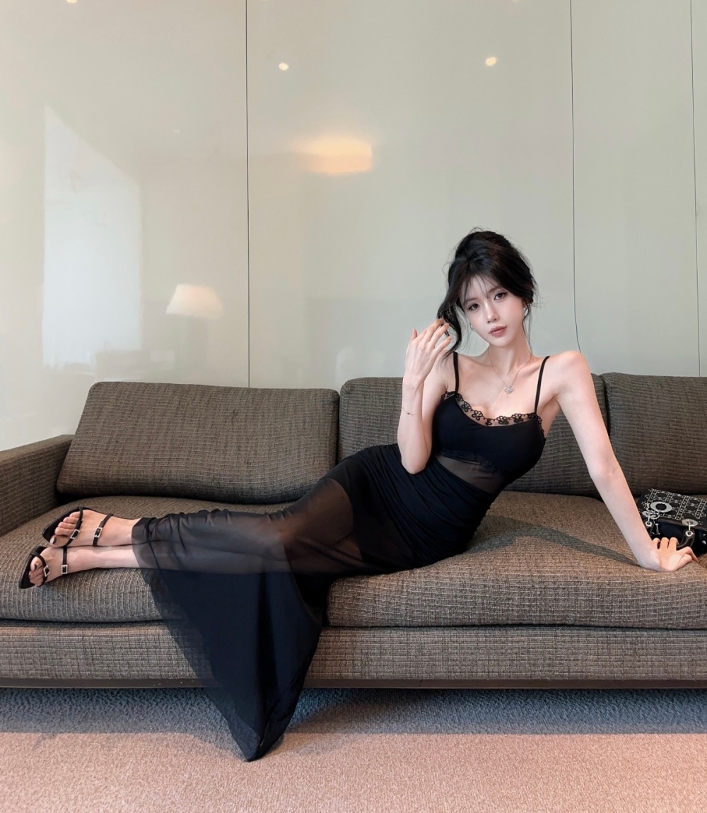 Flowers slim long sleeve pinched waist gauze fold lace dress