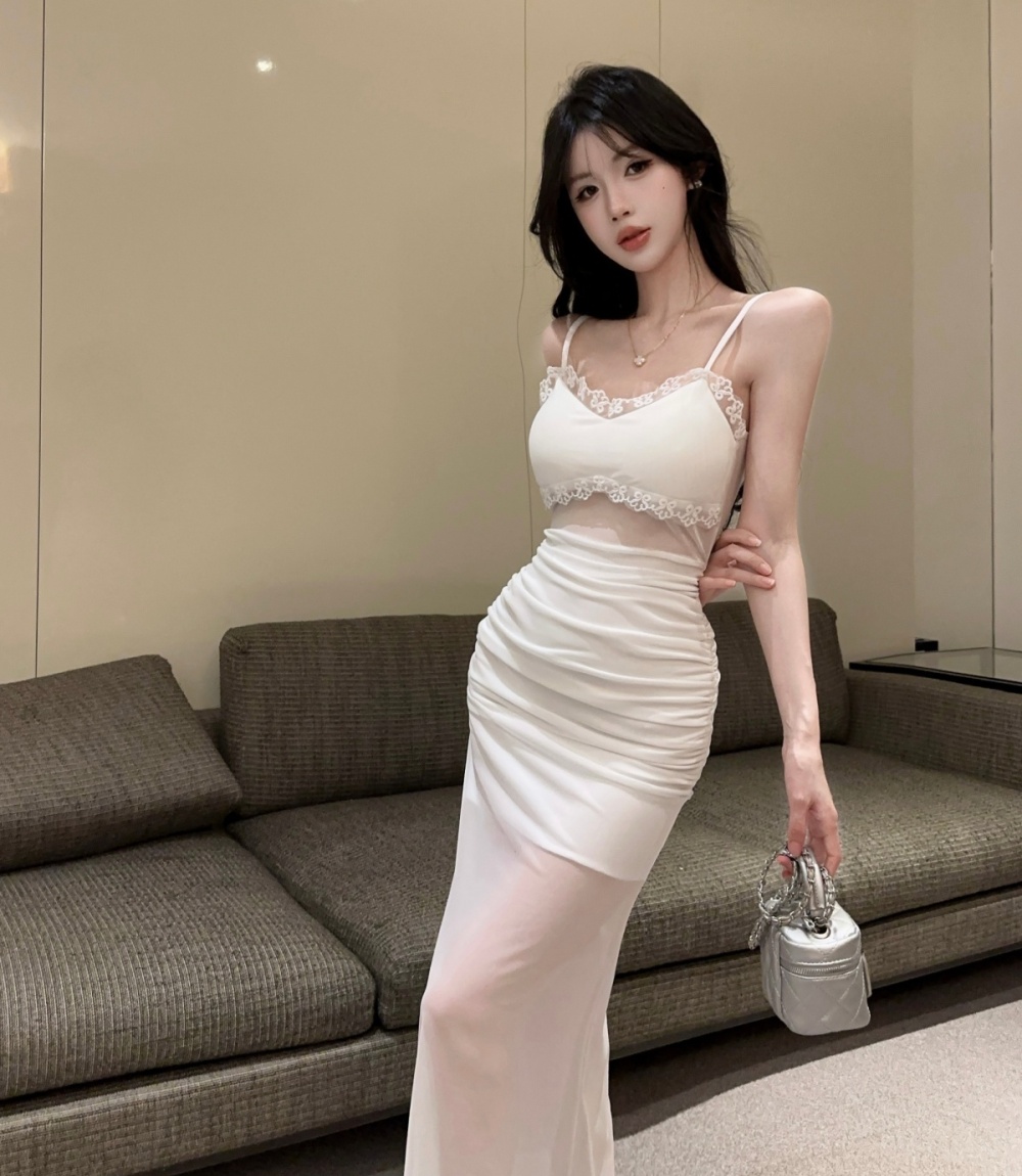 Flowers slim long sleeve pinched waist gauze fold lace dress