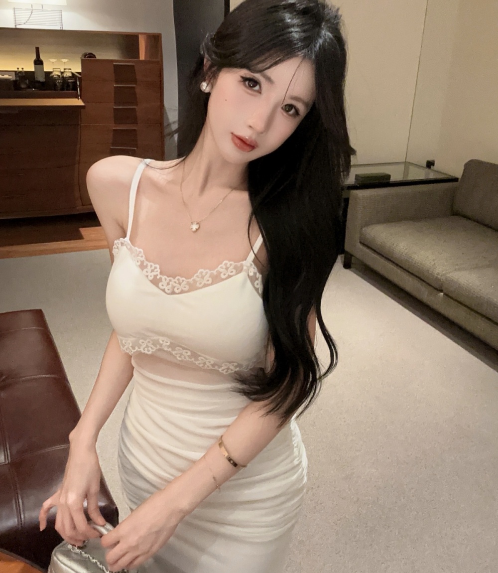 Flowers slim long sleeve pinched waist gauze fold lace dress