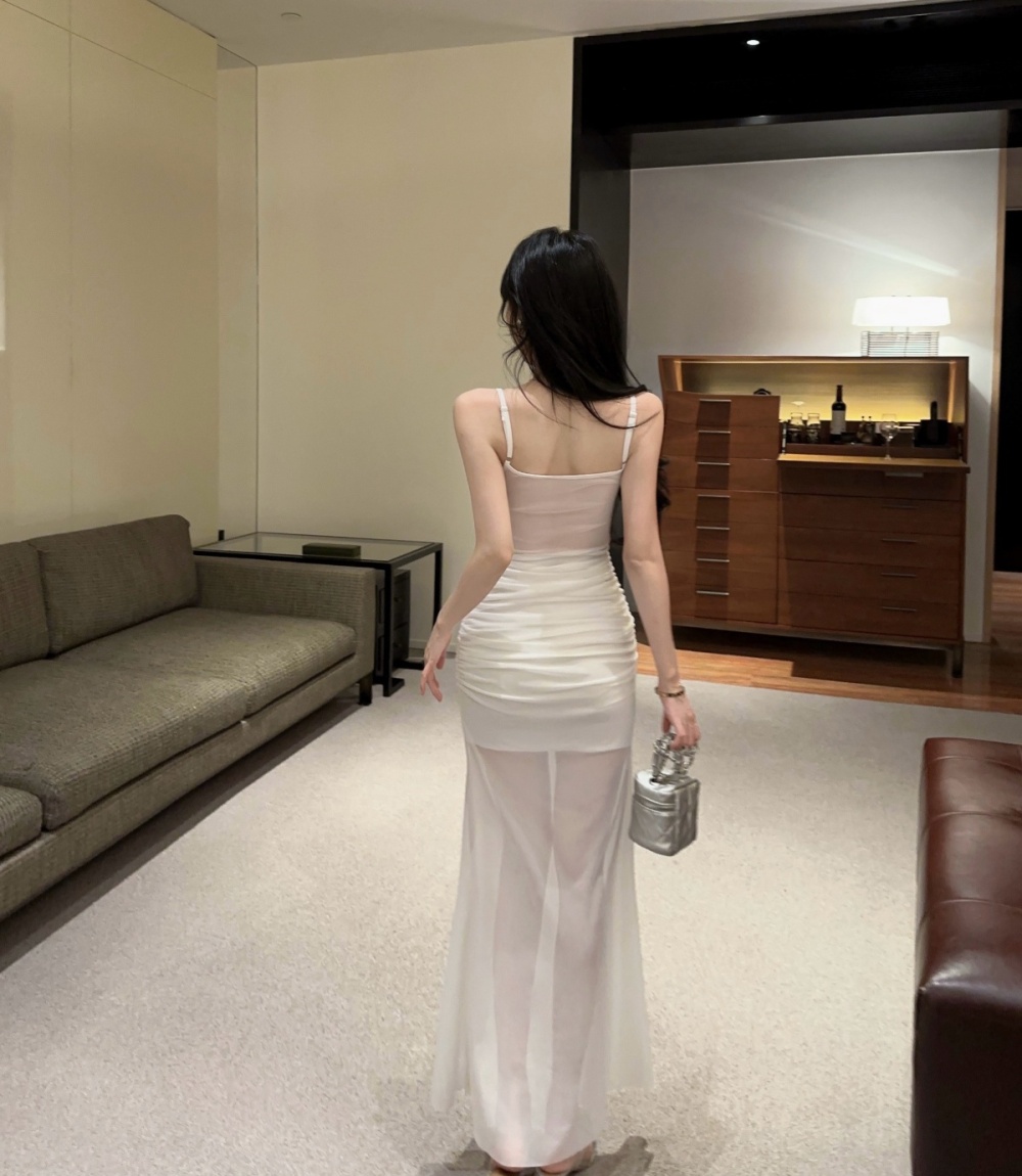 Flowers slim long sleeve pinched waist gauze fold lace dress