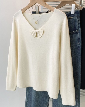 Tender apricot bow collar loose V-neck knitted tops