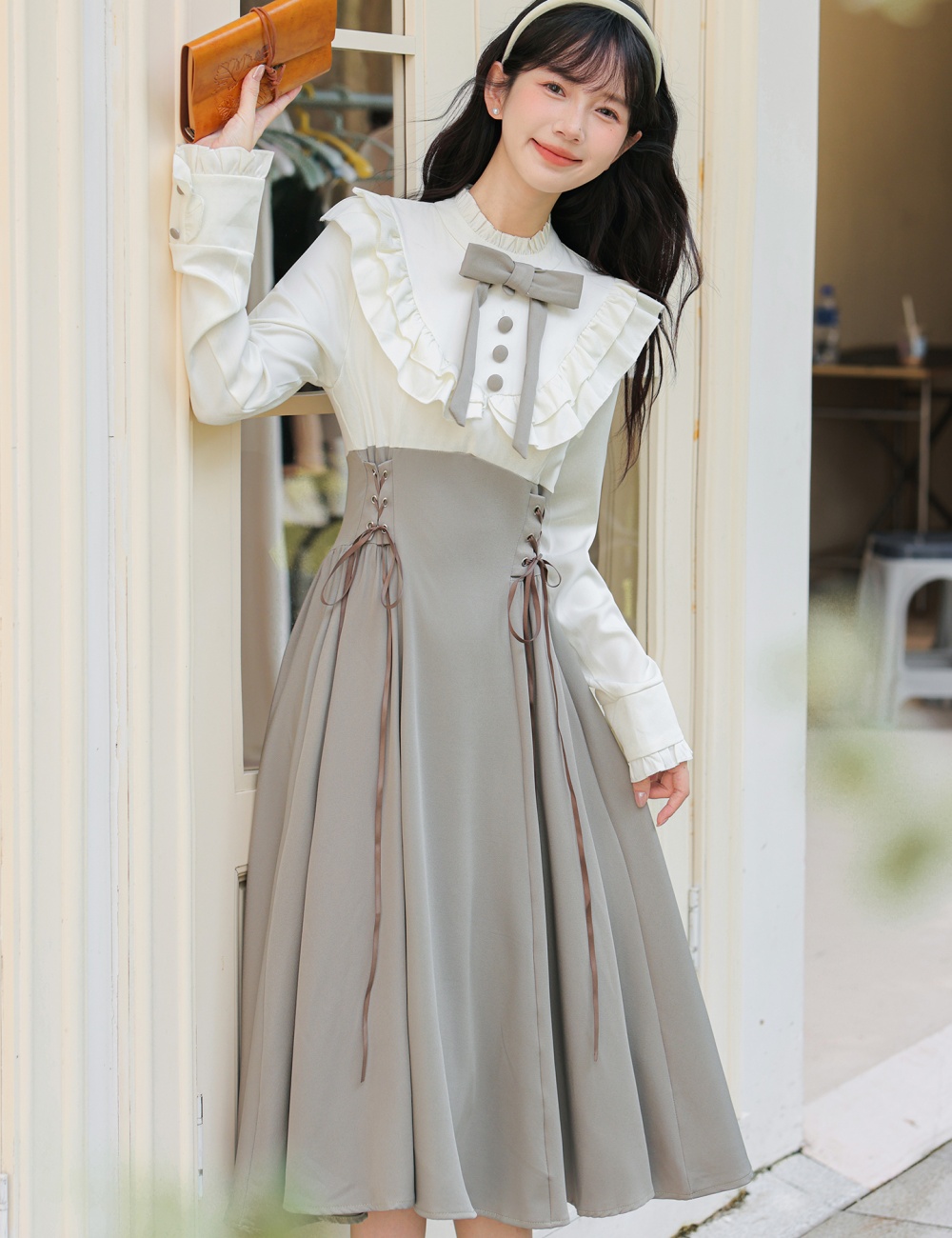 Pseudo-two college style dress niche long dress