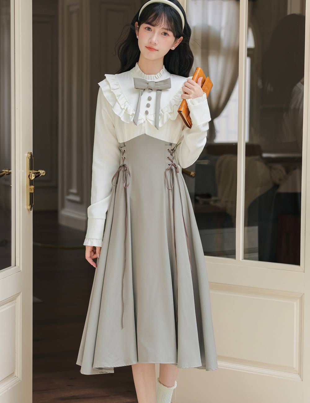 Pseudo-two college style dress niche long dress