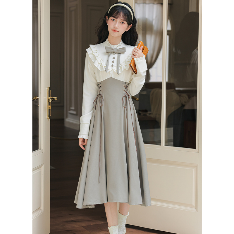 Pseudo-two college style dress niche long dress