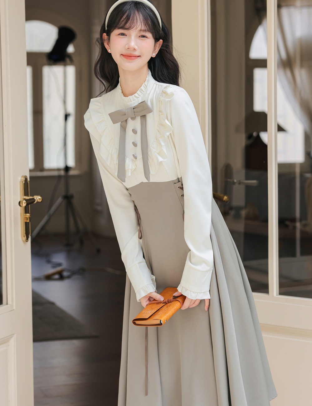 Pseudo-two college style dress niche long dress