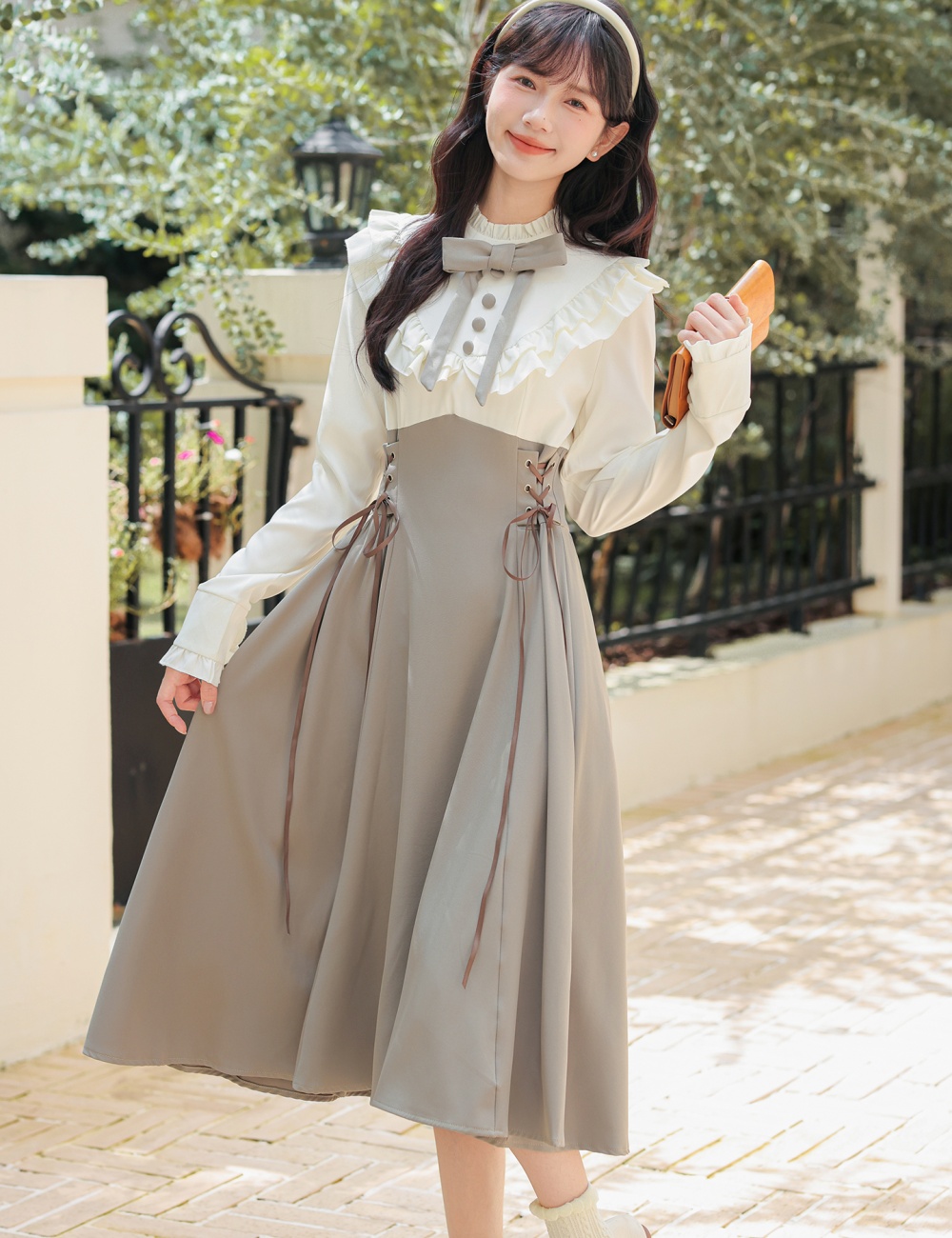 Pseudo-two college style dress niche long dress