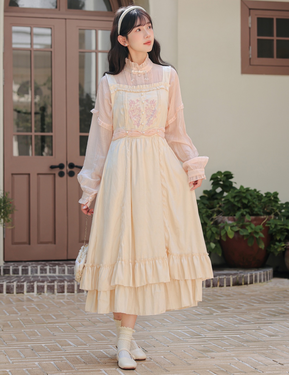 Lace maiden shirt embroidery strap dress a set