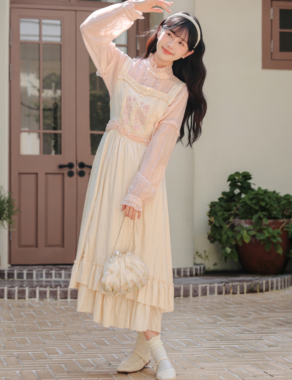 Lace maiden shirt embroidery strap dress a set