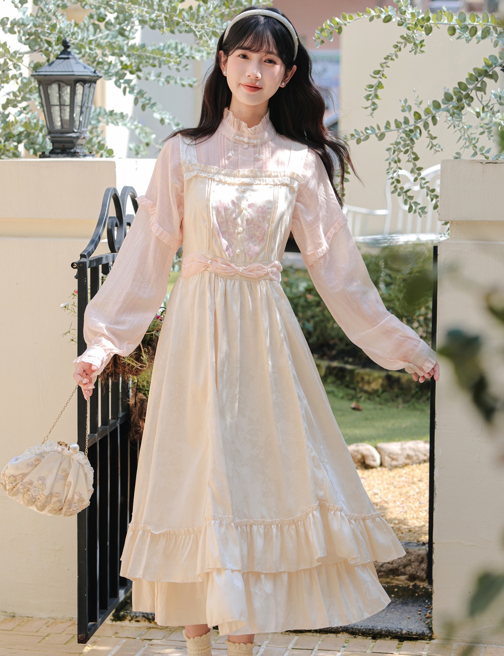 Lace maiden shirt embroidery strap dress a set