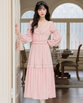Lace long sleeve frenum long dress pinched waist lady dress