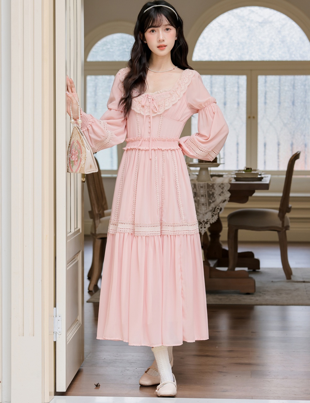 Lace long sleeve frenum long dress pinched waist lady dress