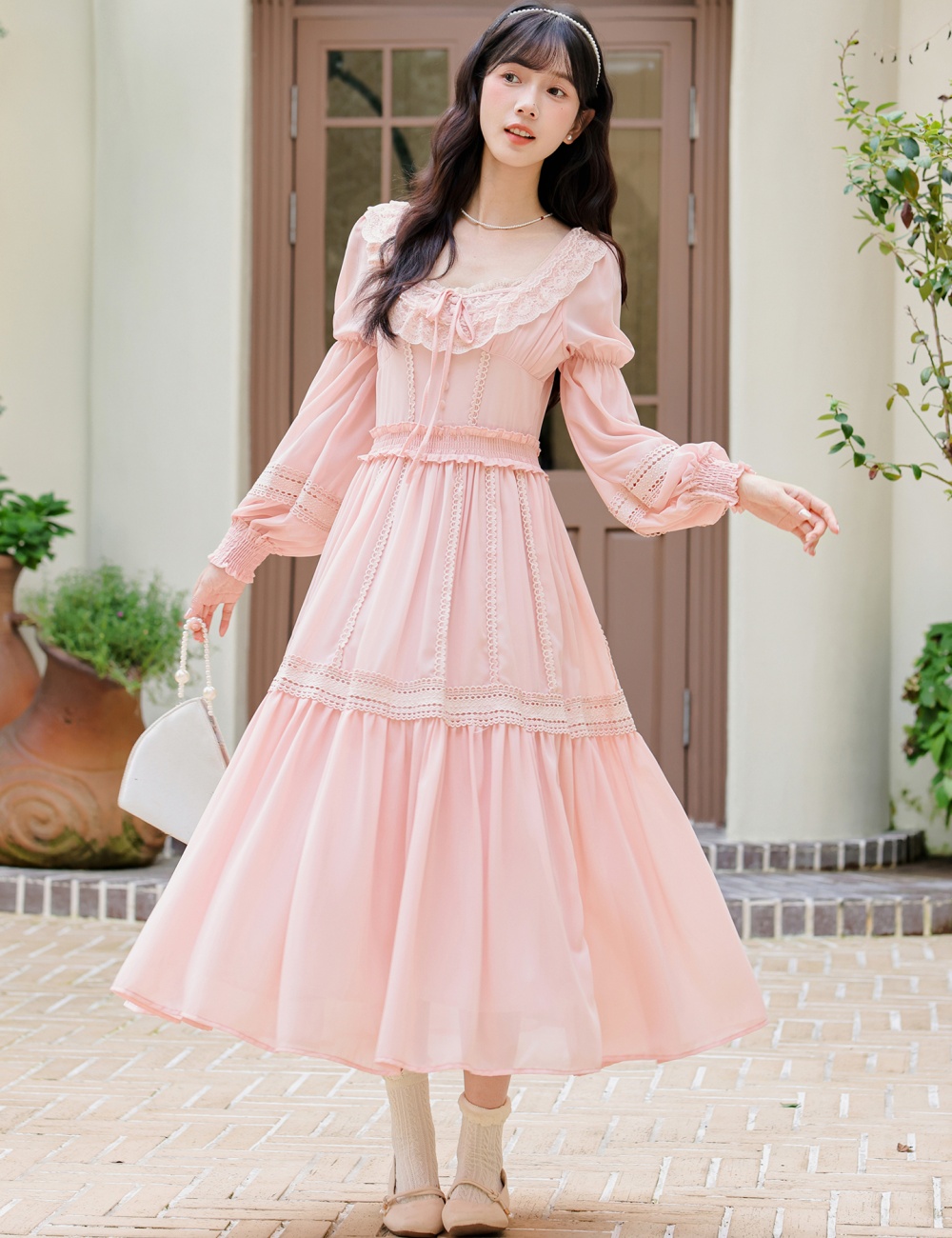 Lace long sleeve frenum long dress pinched waist lady dress
