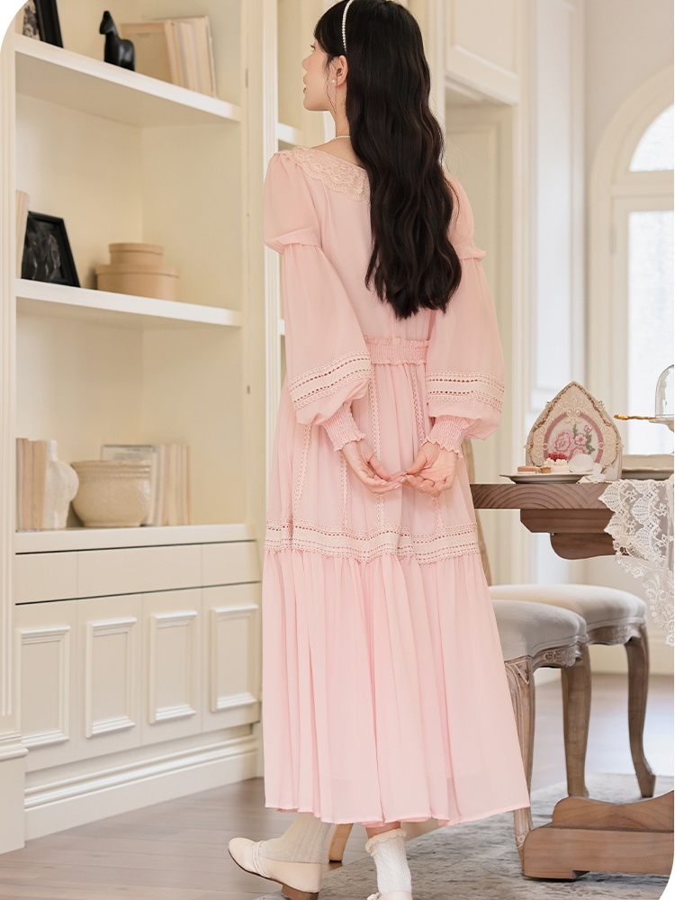 Lace long sleeve frenum long dress pinched waist lady dress